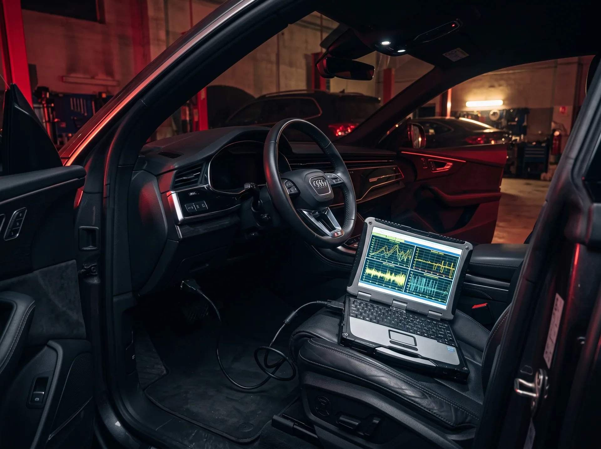 Ноутбук підключено до діагностичного розʼєму OBD-II — зчитування штатної прошивки